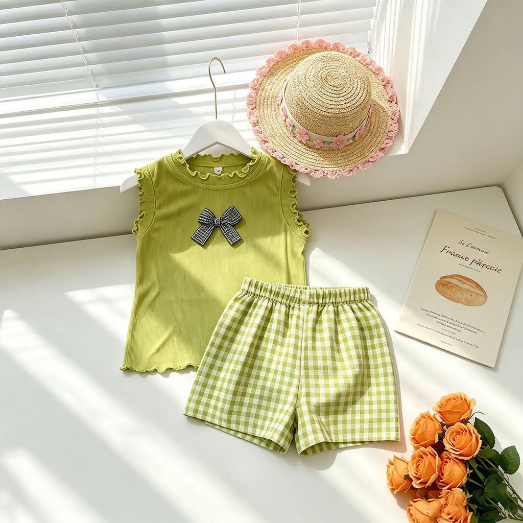 Girls Summer Sleeveless Ruffle Top And Bow Plaid Shorts 2 Piece Set Casual Outfit For Little Kids Home Or Outdoor Wear