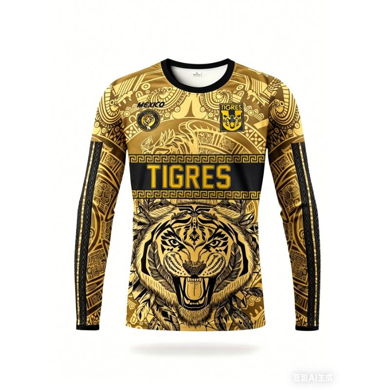 Mexican Aztec Men's Soccer Long-Sleeve Jersey Crew Neck Comfortable Sports Top for Competition, Training, Fitness, and Outdoors