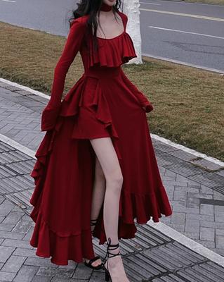 Vestido elegante Vintage rojo de otoño para mujer, vestido adorables largo de diseñador con mangas acampanadas, vestido Irregular de princesa Retro con volantes para mujer