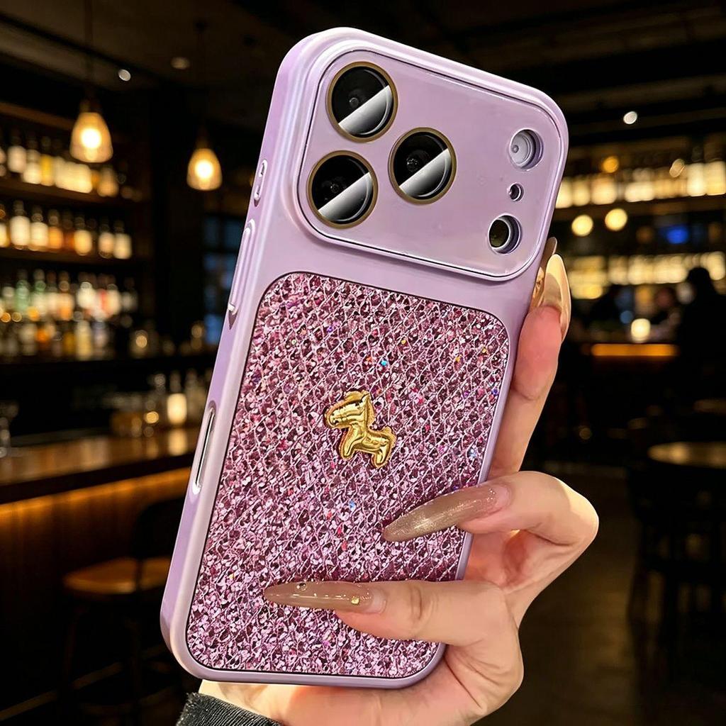 Luxurious Glitter Diamond Pattern Case for Apple 17ProMax, 16Pro (Little Horse), 14 Couple, and 15Pro.