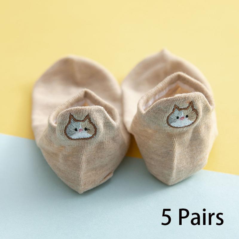 5/10 Pairs Women's Ankle Socks Cartoon Embroidery Cat Funny Short Socks Fashion No-Show Low Cut Soft Casual Female Boat Socks