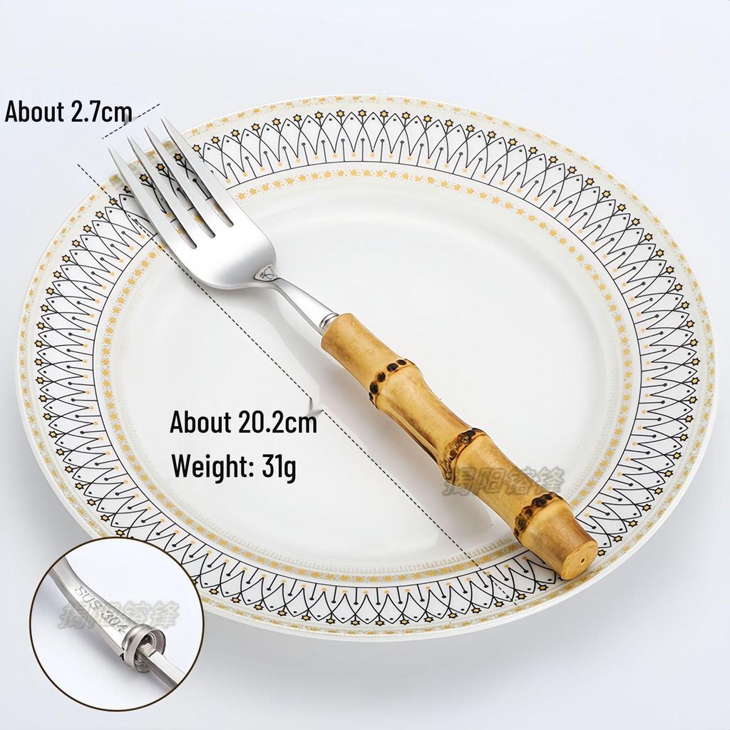 304 Stainless Steel Bamboo-Handled Knife Fork Spoon Set for Hotel Tableware and Western Food, Thickened Dessert Spoon and Steak Knife Fork.