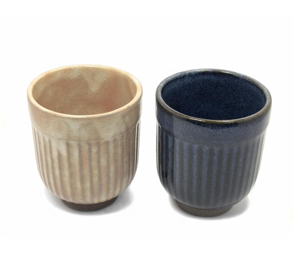 Aquanaut Mino Ware Indigo Blue, Cherry Blossom Pink Vertical Pattern Tea Cups Yunomi Set