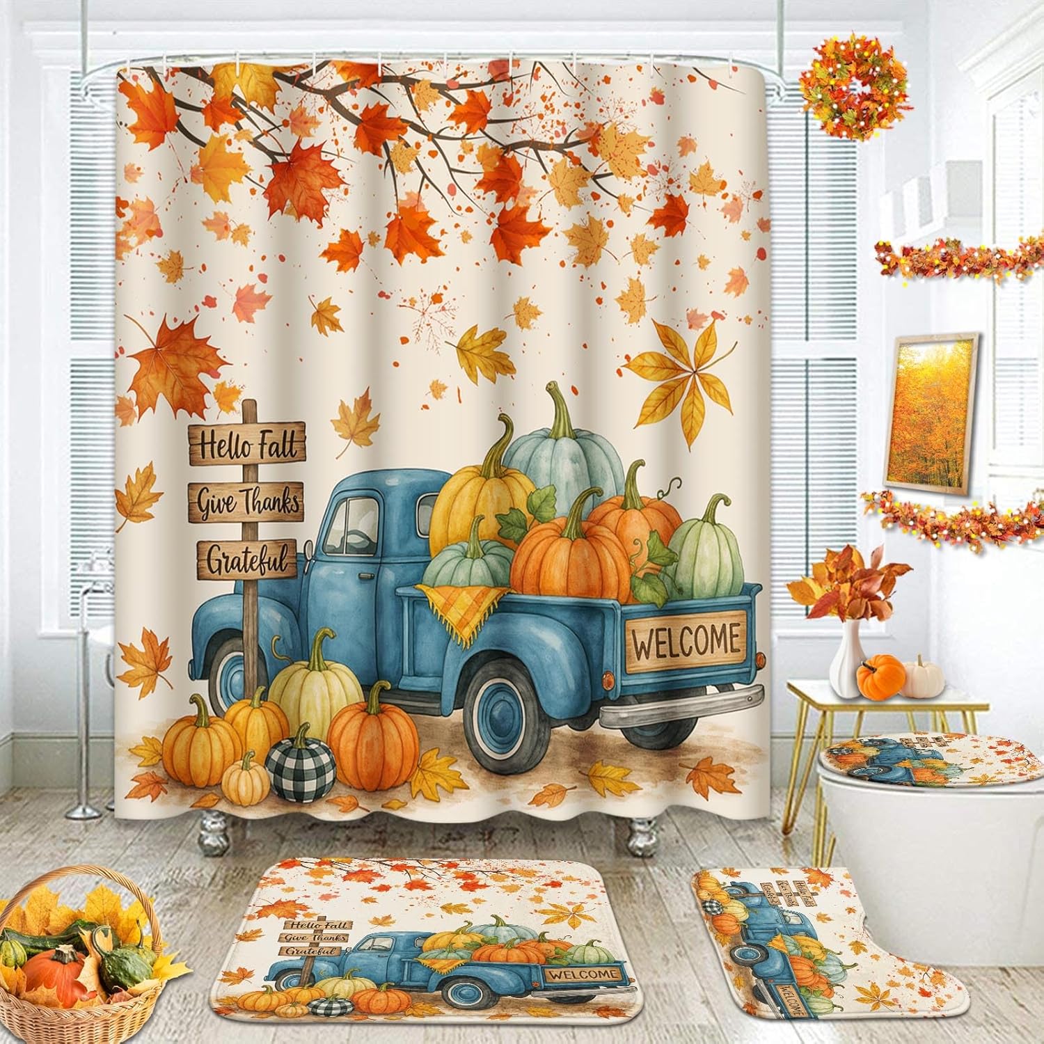 

Fall Pumpkins Bathroom Set With Shower Curtain And Rug And Accessories, Autumn Sunflowers Botanical Leaves Thanksgiving Harvest W60H190(CM)-1 Pcs