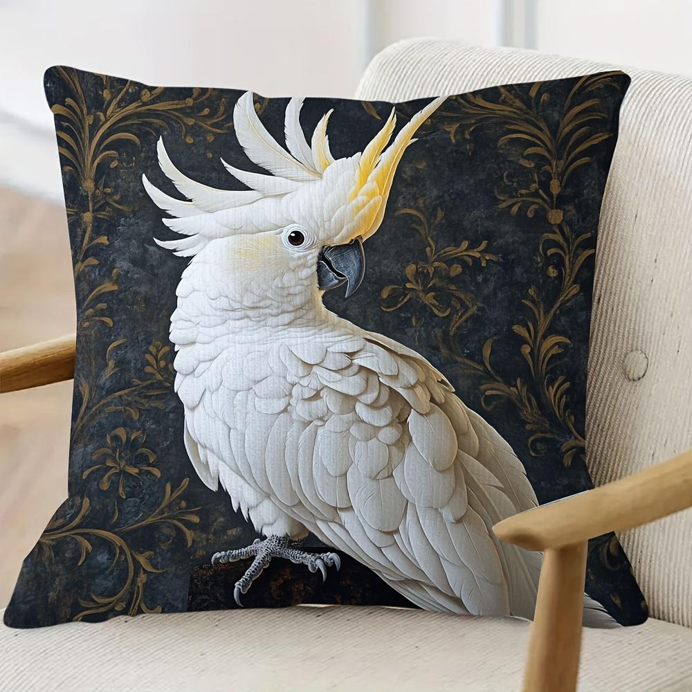 1Pc Sulphur-Crested Cockatoo Decorative Pillow Cover, 18"X18" - Vibrant White Cockatoo With Golden Crest Design, Traditional Sty
