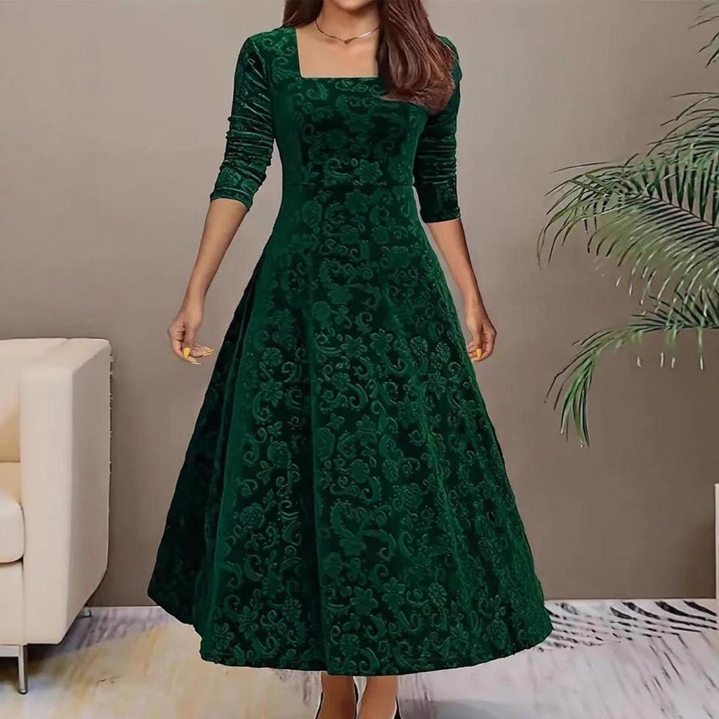 Elegant Embossed Long Sleeve Square Neck Dress - Women's Autumn/Winter Fashion