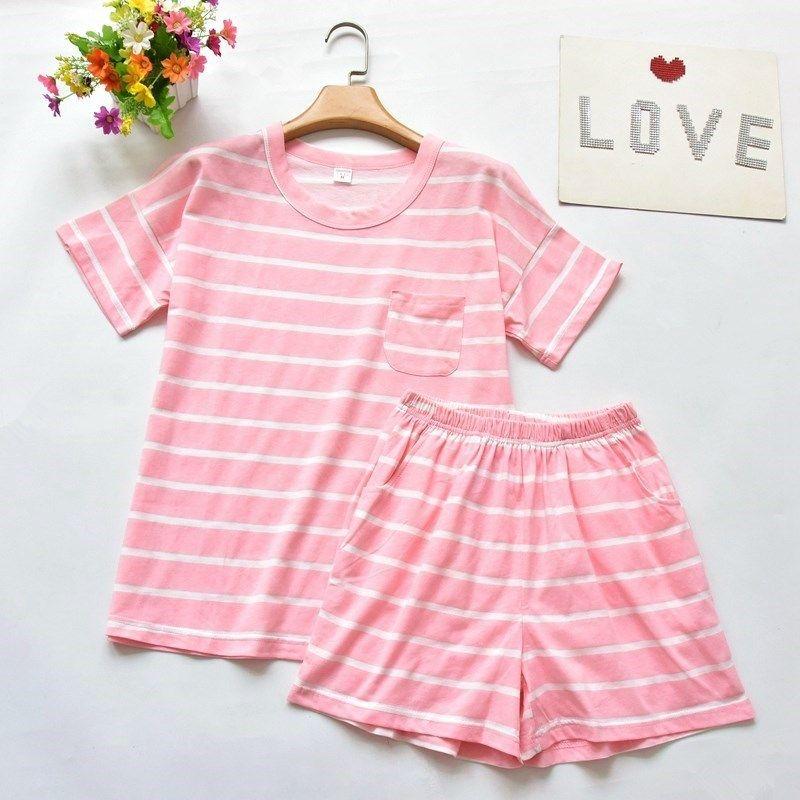 

Women s Cotton Stripe round-Neck Comfortable Homewear Shorts Pink L
