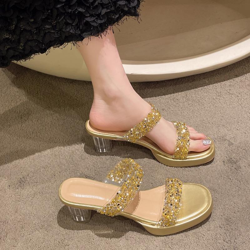 Summer new high heels crystal thick heel outer wear women's sandals women's rhinestone transparent cool slippers large size