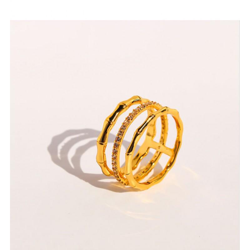 Womens Fashion Stackable Wide Band Bamboo Joint Ring With Zirconia Inlay Gold Plated Copper