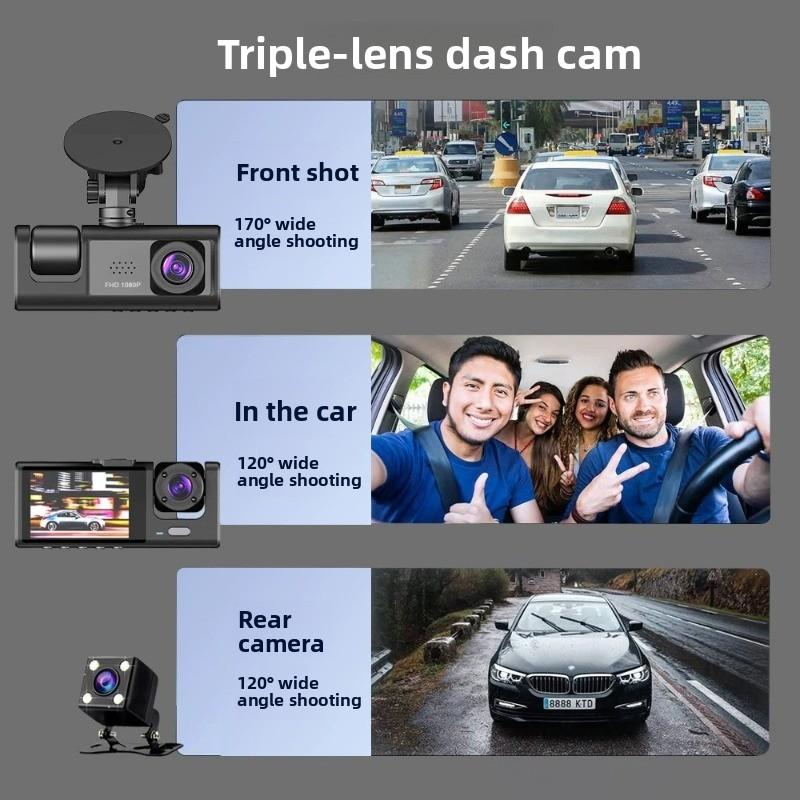 Cámara de coche con 3 lentes grabación HD visión trasera gran angular para vehículo