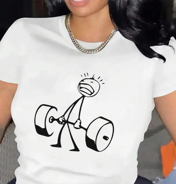 Women's Oversized Funny Workout Graphic T-Shirt Tee with Humorous Stick Figure Lifting Weights Casual Streetwear Gym Sessions