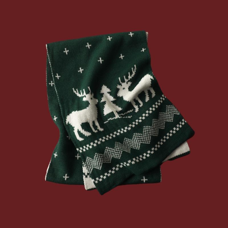 Versatile Christmas Knitted Wool Red Scarf Deer Elk Print Snowflake Warm Personality Couple Scarf Student