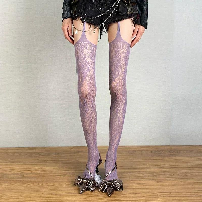 Medias de Rejilla Transparente con Liguero Medias con Liguero Pantimedias Estilo Lolita Dulce Niñas Punk Medias Florales Medias de Rejilla de Colores Hasta el Muslo