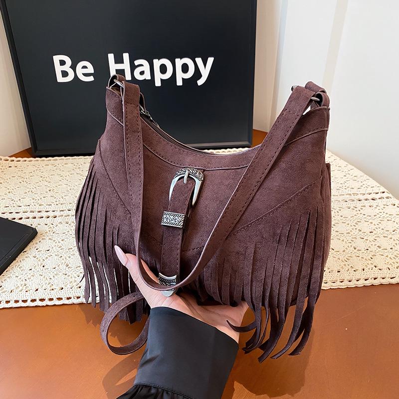 

Европейская и американская женская сумка с кисточками из замши: Ретро, Универсальный, Матовый, Текстурированный Стиль через плечо/Кроссбоди One Size #5187