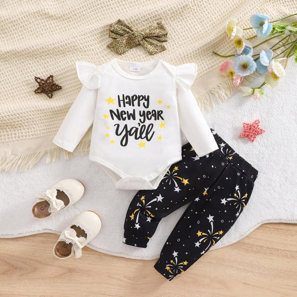 Baby Girl "Happy New Year" Print Cotton Bodysuit Fireworks Print Pants With Headband Outfit Set