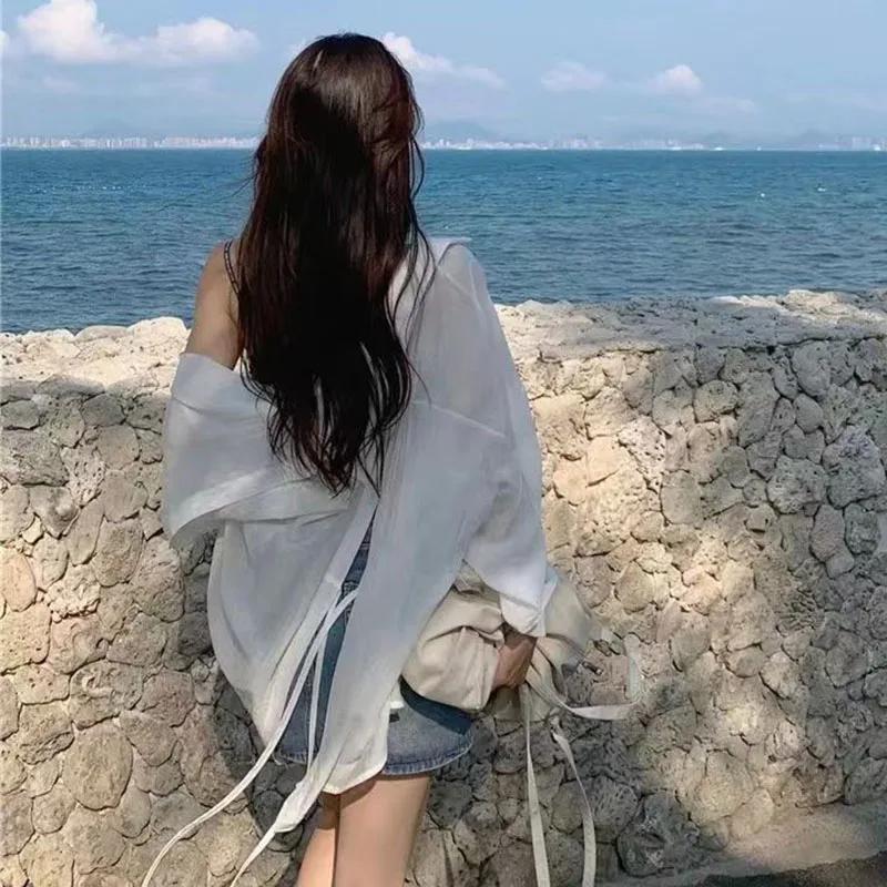Thin Long Sleeve Sunscreen Shirt Woman Back Split Lace Up White Shirts Women Casual Loose Holiday Beach Blouse