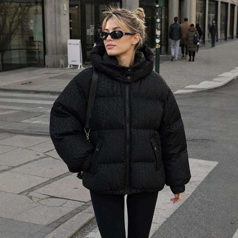 Womens Winter Hooded Puffer Coat Water-Responsive Leopard Print Loose Fit Thick Warm Cotton Jacket