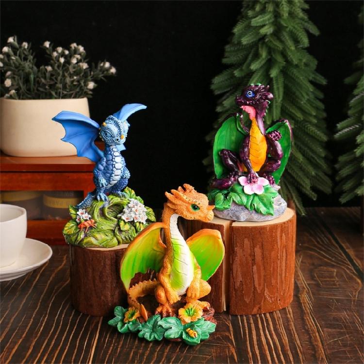 Resins Colorful Flower Dragon Miniature Figurine Ornament for Garden and Landscapes Office Home Desktop Cake Decoration