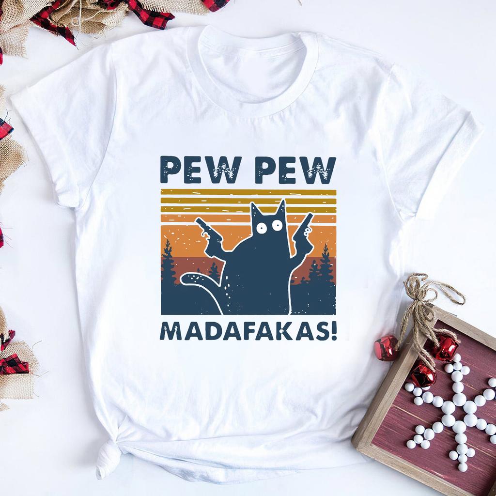 2025 Pew Pew Madafakas TShirt Funny Cat Shooting Graphic Tee Vintage 90s Sunset Shirt unisex short sleeve shirts Cat Lover Gift