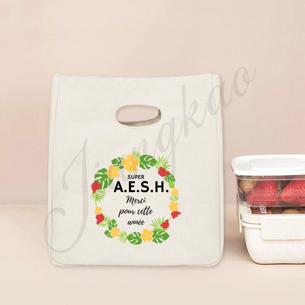 Merci Aesh Print Cooler Bags Lunch Bag Portable Insulated Canvas Thermal School Foods Storage Pouch Gradust Thanks Gift for Aesh