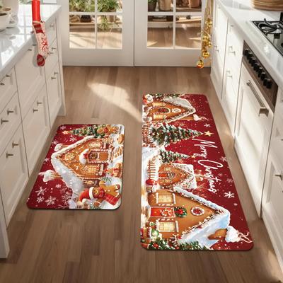 2 Alfombras de Cocina Antifatiga Navidad Pan de Jengibre Impermeable Antideslizante Gruesa Acolchada Alfombra de Cocina Confort de Alta Resistencia Alfombra de Pie para Cocina