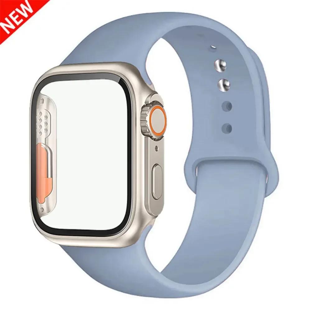 Silicone Strap+Case For Apple Watch Band 44mm 45mm 41mm 40mm Tempered Glass Cover Change to Ultra iWatch Series 9 8 7 SE 6 5 3