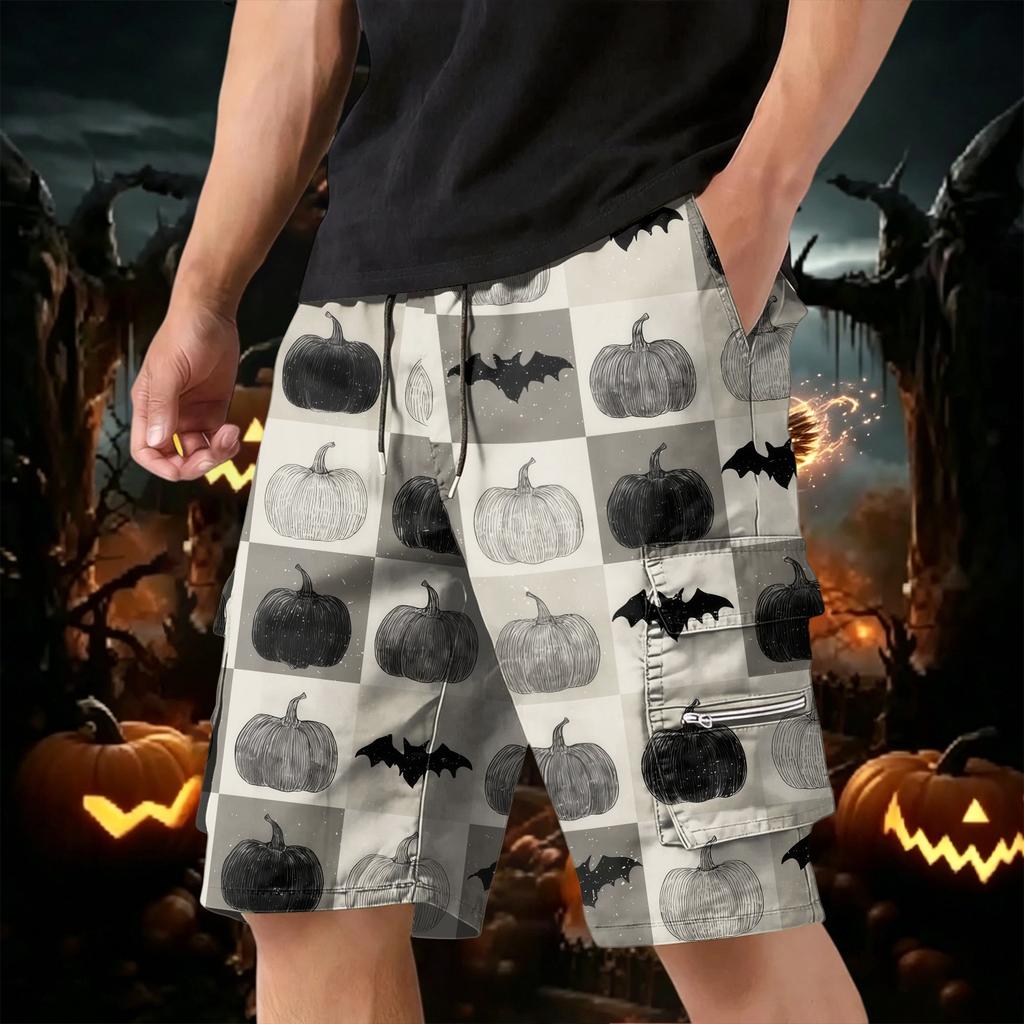 Men's Halloween Cargo Shorts with Multiple Pockets, Drawstring Waist, Casual Work Shorts for Costume Party, Summer Outdoors, Beach, Hiking, Daily Wear