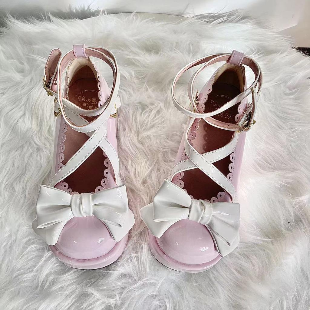 Spot | Sweetheart Fudge | Original lolita platform cross strap cute round head flat bottom doll bow lo shoes