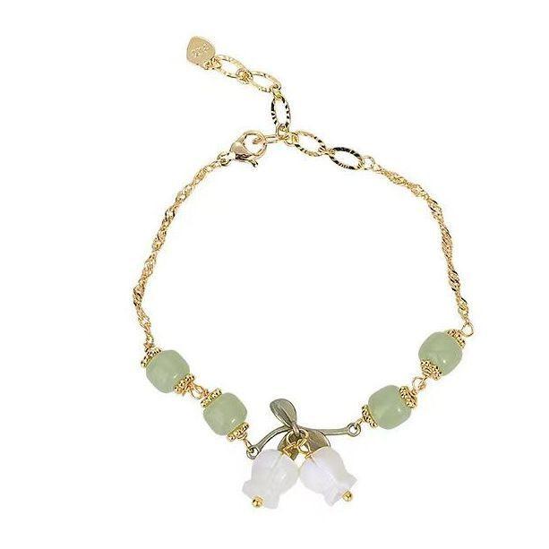 IFME Crystal Flower Leaf Bracelets for Women Fashion Lily of The Valley Pendant Beads Bracelet Accessories Jewelry