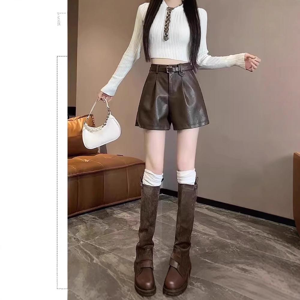 2024 A/W Women's High Waist Black PU Leather A-Line Booty Shorts: Wide-Leg, Casual, Slimming