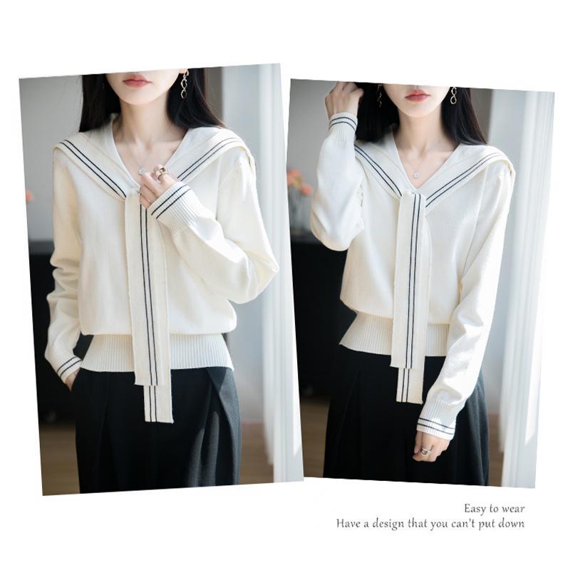 Navy Collar Knit College Style Women's Pullover Sweater - Autumn Winter, Long Sleeve, Loose Fit, Versatile.