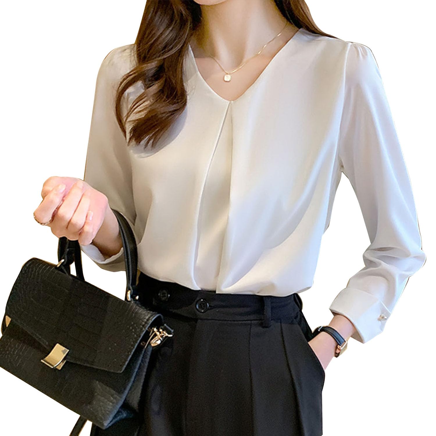 

[SYitong] Women s Long-Sleeved Chiffon V-Neck Shirt Blouse - Elegant, Relaxed Fit, Solid Color, Figure-Flattering, Stylish, Versatile, Suitable for Ev