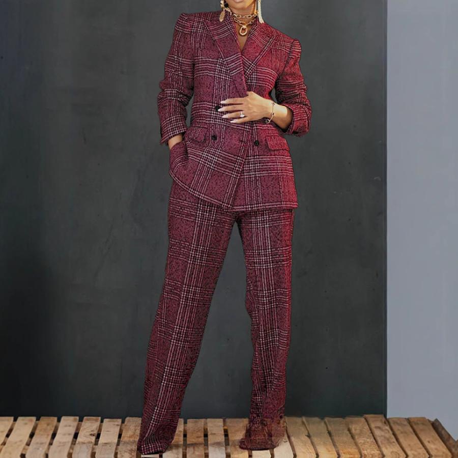 Women's Grid Coat Suit New Style Loose Fit Long Pants Set Outfit