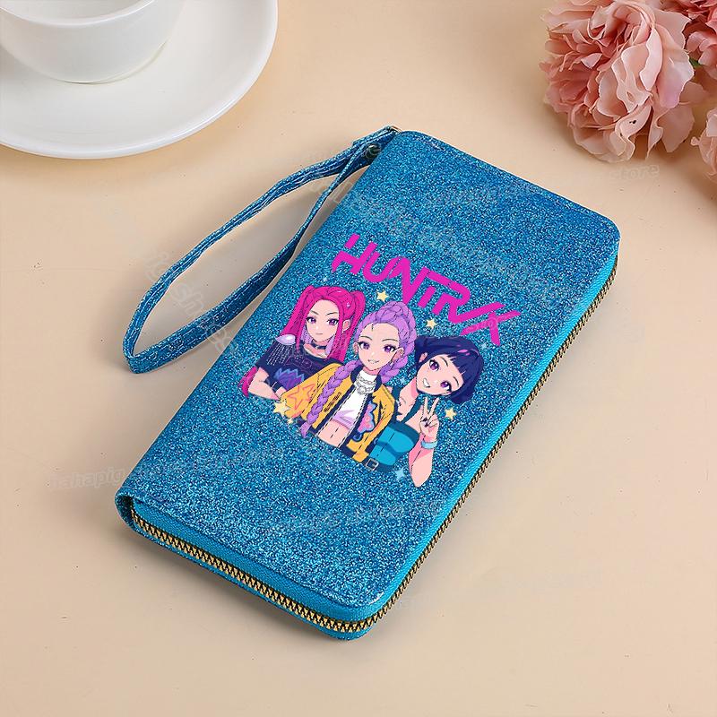 Vysoce kvalitní KPop Lovci démonů Dlouhá peněženka Dámské peněženky na zip Sequin Bling Koženka Kapsa na mince Držák na ID Kartu Dámské Clutch Peněženky