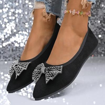 Fashion 2025 New Slip On Women's Flats Outdoor Pointed Toe Crystal Bow Tie Shallow Flats Plus Size Comfortable Casual Walking Shoes