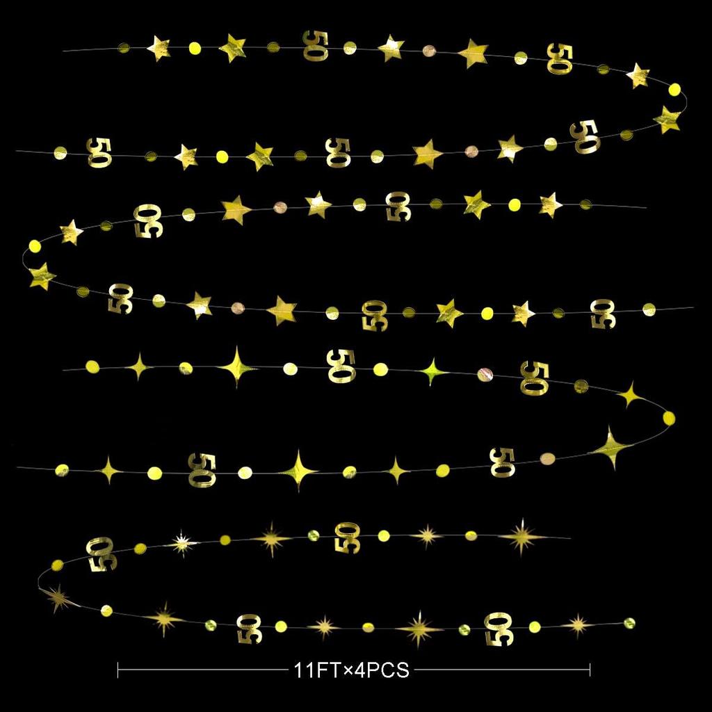 Gold 50th Birthday Decorations Number 50 Circle Dot Twinkle Star Garland Metallic Hanging Streamer Bunting Banner Backdrop for 50 Year Old Birthday
