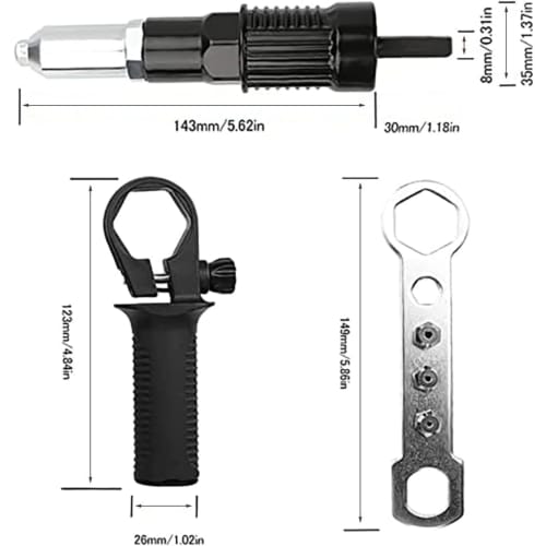 HYCDIYTS Electric Riveter Attachment Gun with Nut Riveter, Handle Wrench, and 4 Nosepieces for 2.4-3.2-4.0-4.8mm Riveters