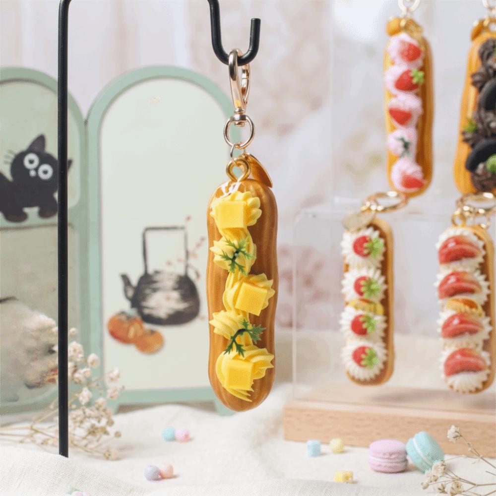 Long Cream Puff Realistic Long Cream Pendant Simulation Fruit Small Strip Fruit Keychain  Gift