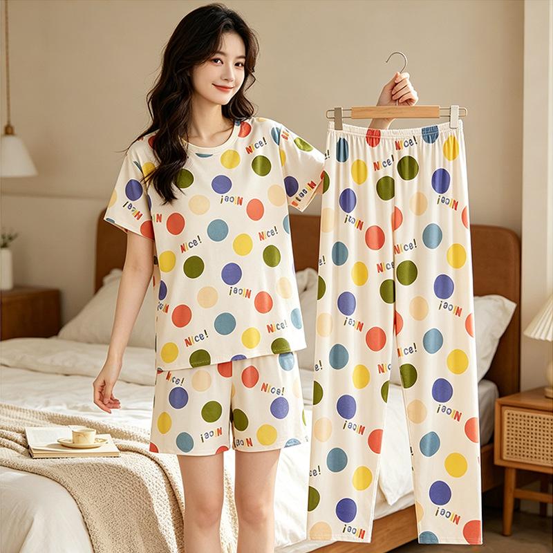 Summer Sweet Age-reducing Colored Spotted Pajamas Women's Round Neck Short-sleeved Three-piece Casual Large-size Women's Loungewear
