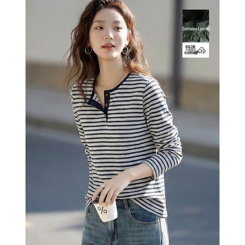 Women s Casual Striped Lyocell Henley Tee M