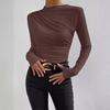 2024 High Neck Solid Color Slim-Fit Women's Long Sleeve Ruched T-Shirt