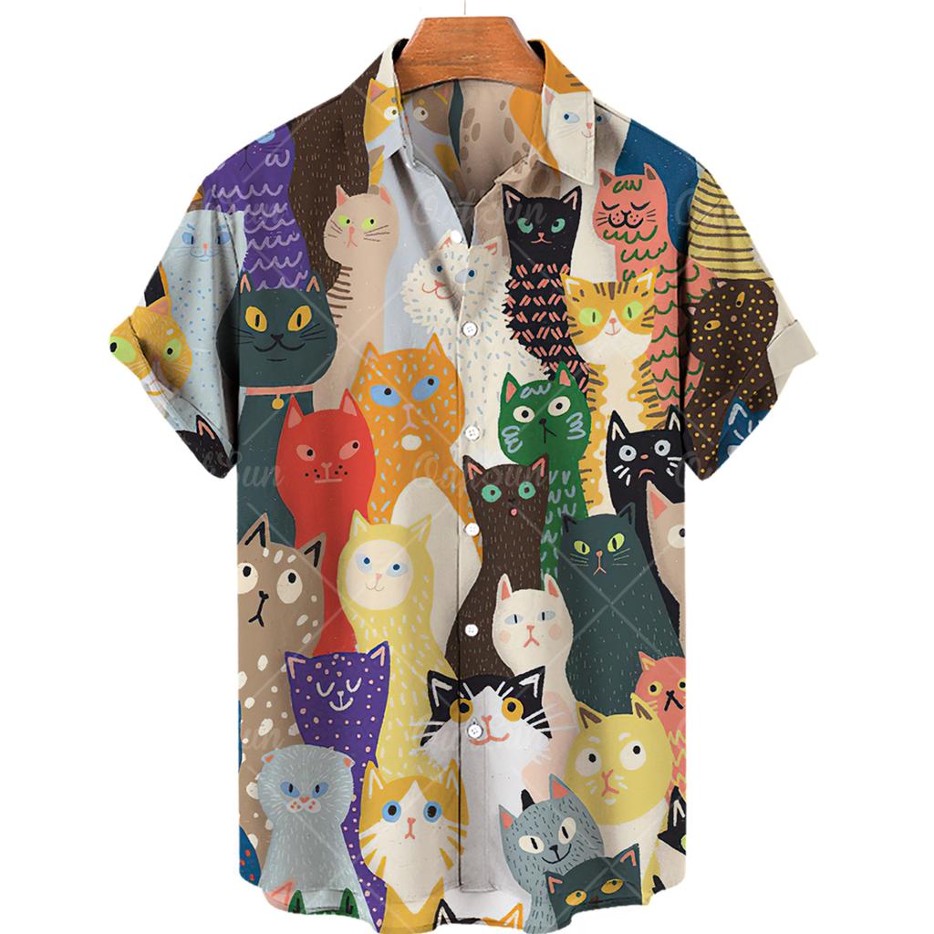 Herrenhemd mit süßem Katzenprint, lustige Anime-Katzen, Herrenhemd mit Knöpfen und Reverskragen, modisches hawaiianisches Kurzarm-Freizeithemd