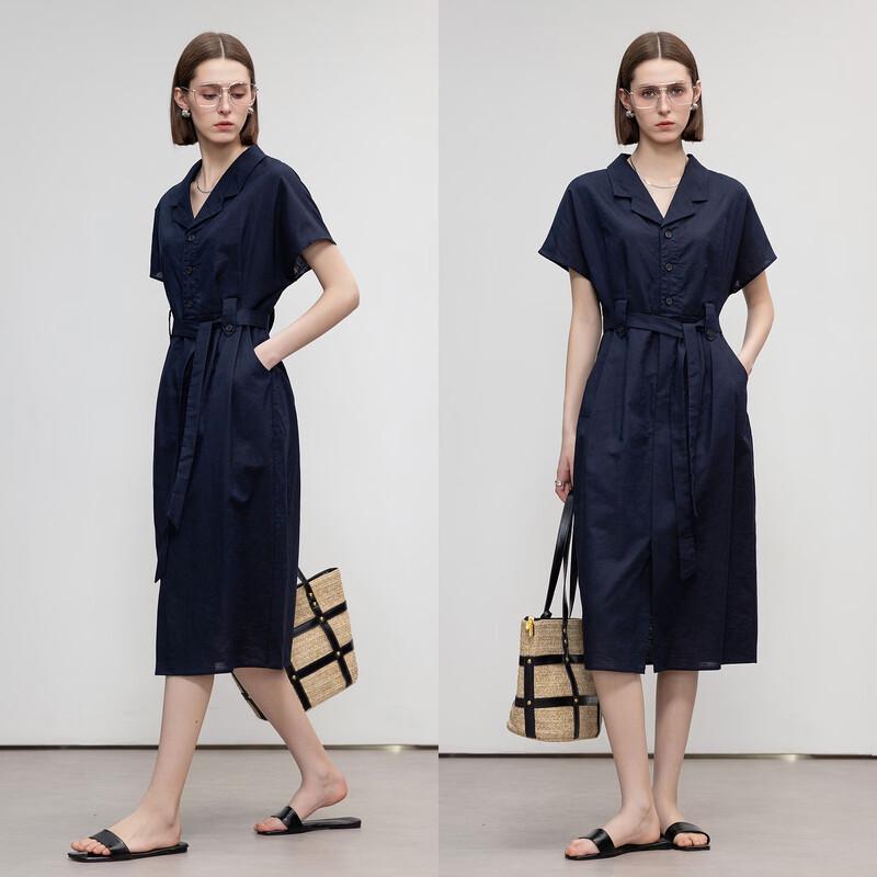 Demana Linen Blend Short Sleeve Lapel Tie-Waist Dress