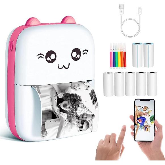 

Mini Sticker Printer, Portable Thermal Printer with 7 Rolls Paper, Bluetooth Inkless Smart Printer Compatible with iOS & Android, Free Cut Small