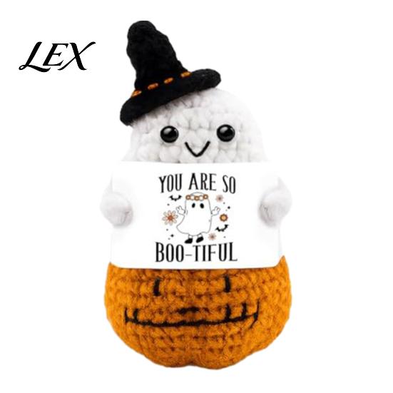 Adorable Holiday Party Favor Hand Knitted Halloween Ghost Ornament, Crochet Plush Doll with Tactile Comfort Sensory Toy Encouragement Card,