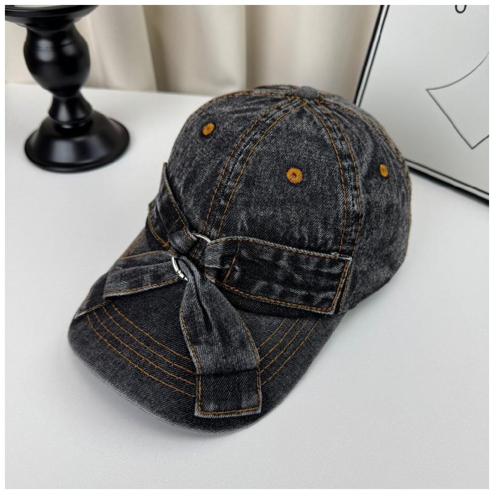 Vintage Distressed Washed Denim Bow Baseball Cap for Women All-Season Casual Sweet Sun-Protective Shade-Providing Hat