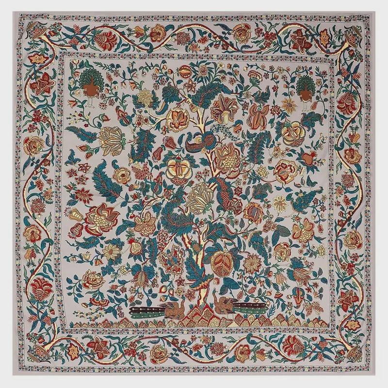 "New European and American Jungle Floral Bird Print 130cm Silk Twill Satin Square Scarf Shawl"