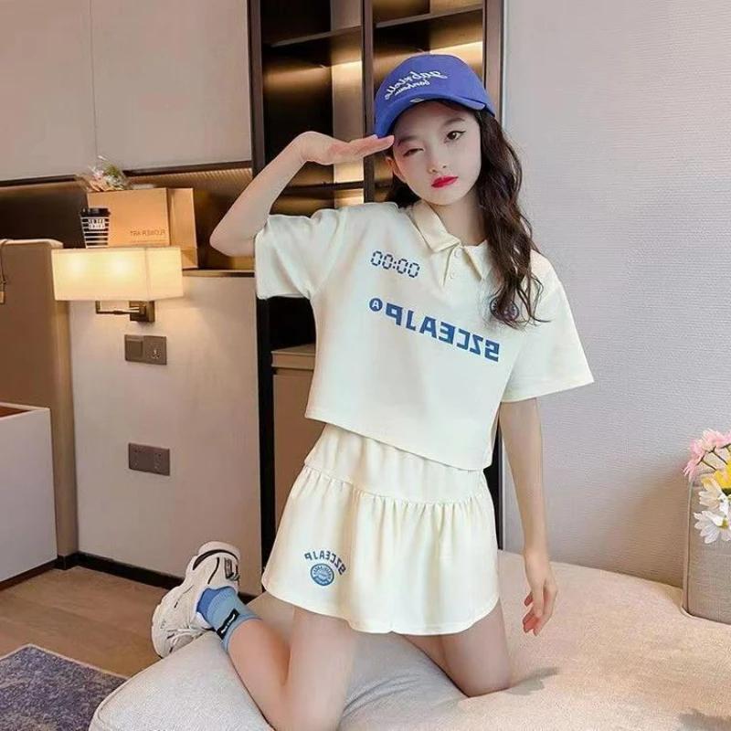 Summer Teenage Girl Clothes Set Children Letter Print Lapel Tshirt and Skirts Suit Kid Short Sleeve Polo 2-Piece Set