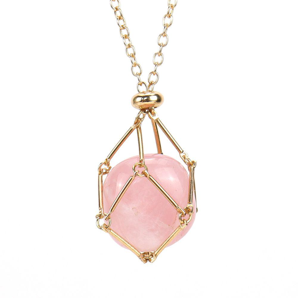 Crystal Rough Stone Handmade Adjustable Stainless Steel Metal Bamboo Mesh Pocket Necklace Woven Pendant N683