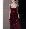 Suspender Toast Bride Wedding Return Girl Summer Style Sequin Engagement Dress French Evening Dress Burgundy
